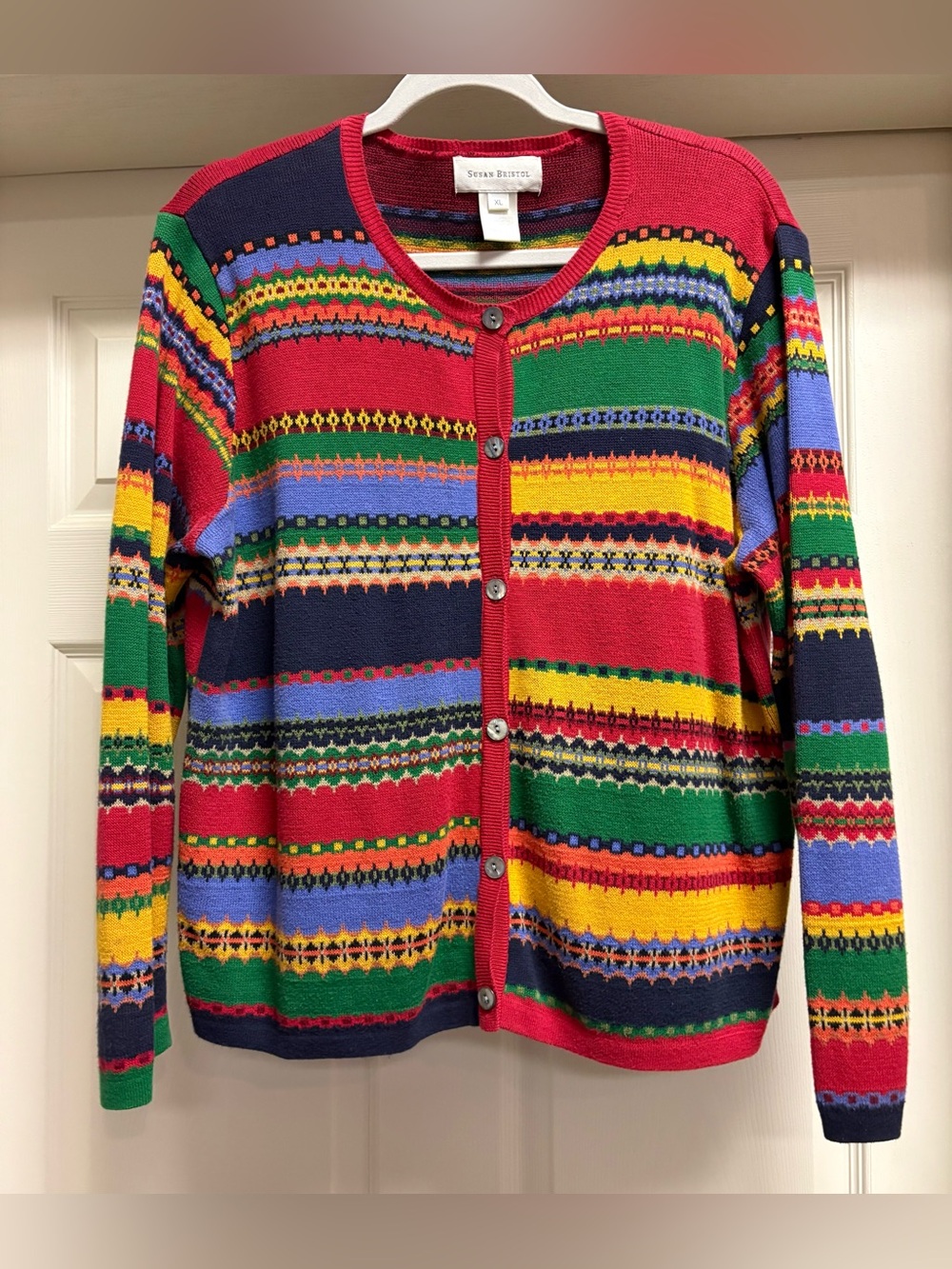 Susan Bristol Red Multicolor Striped Fair Isle Cardigan Button Up Cotton READ